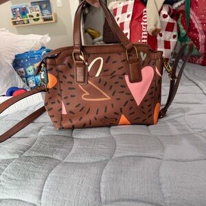 Fossil Brown Crossbody Bag with Pink and Orange Accents
